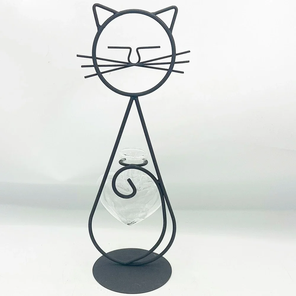 Black Metal Cat Holding Heart‎ Shaped Small Bud Vase
